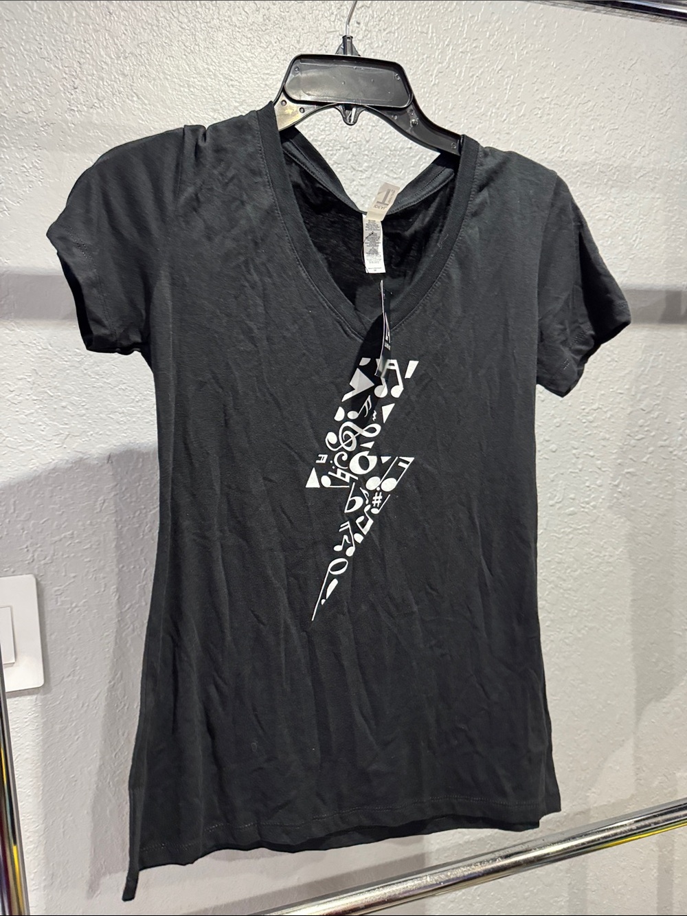 Women's Black Graphic Lightning Bolt with music notes V-Neck Tee